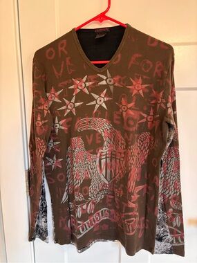 Custo Barcelona Brown V-Neck Sweater with Red Graphic Print